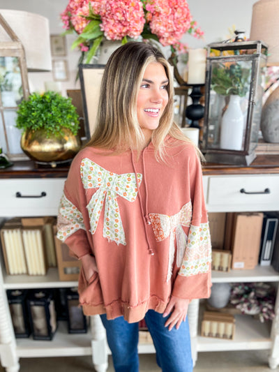 Terra Cotta Contrast Bow 3/4 Sleeve Hoodie