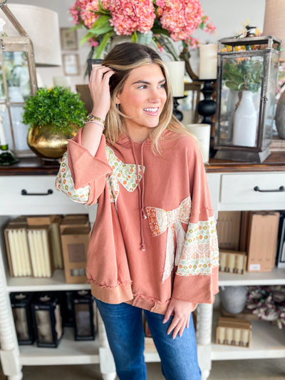 Terra Cotta Contrast Bow 3/4 Sleeve Hoodie