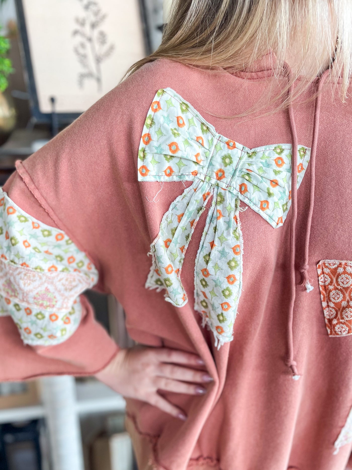 Terra Cotta Contrast Bow 3/4 Sleeve Hoodie