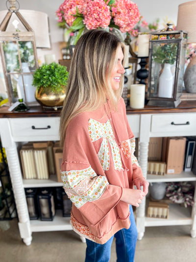 Terra Cotta Contrast Bow 3/4 Sleeve Hoodie