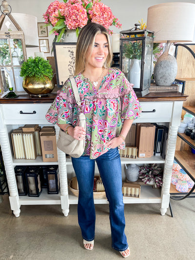 Olive Multi Floral Top