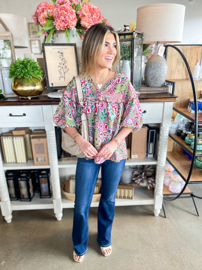 Olive Multi Floral Top