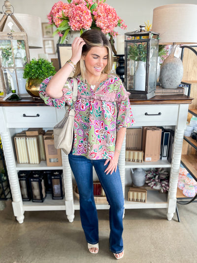 Olive Multi Floral Top