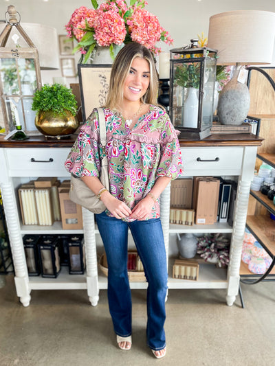 Olive Multi Floral Top