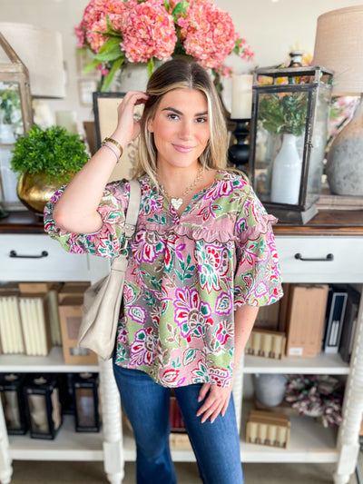 Olive Multi Floral Top