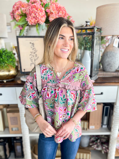 Olive Multi Floral Top