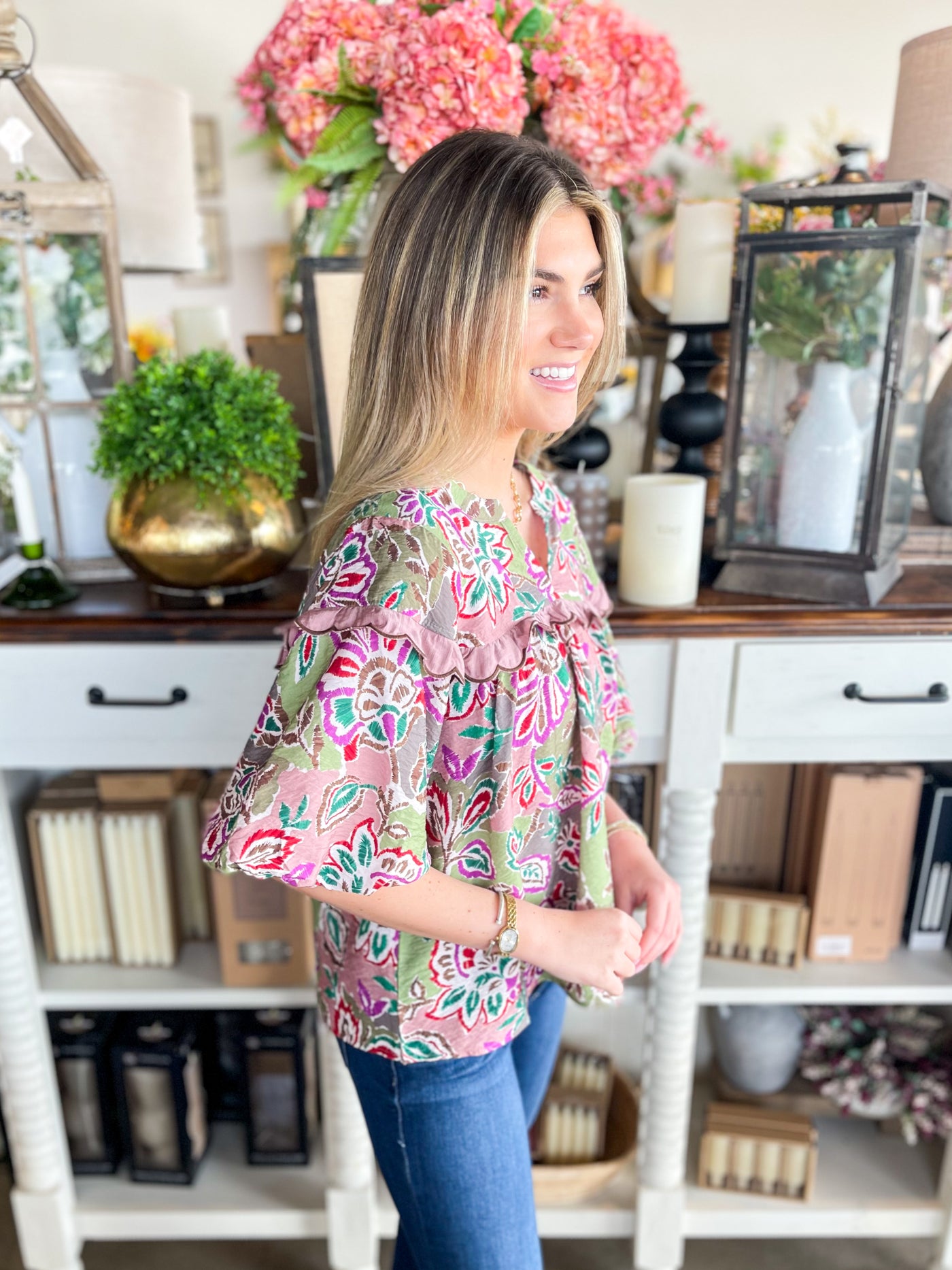 Olive Multi Floral Top