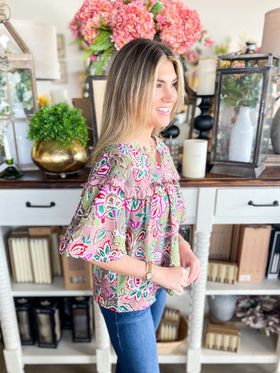 Olive Multi Floral Top