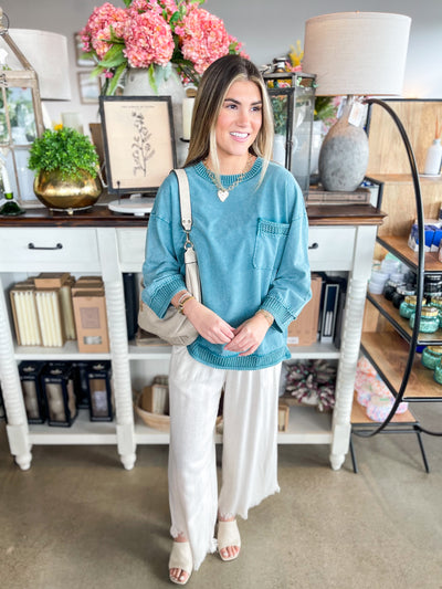 Easel Teal 3/4 Sleeve Rhodes Top