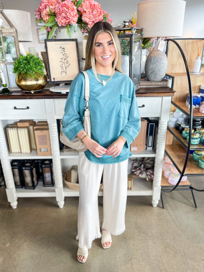 Easel Teal 3/4 Sleeve Rhodes Top