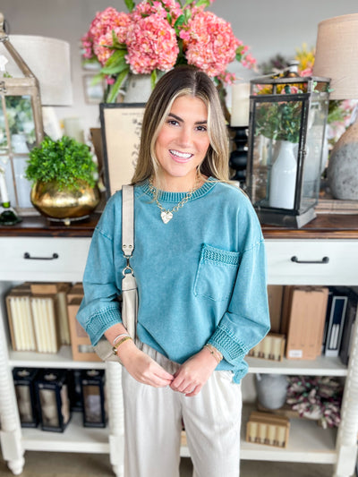 Easel Teal 3/4 Sleeve Rhodes Top