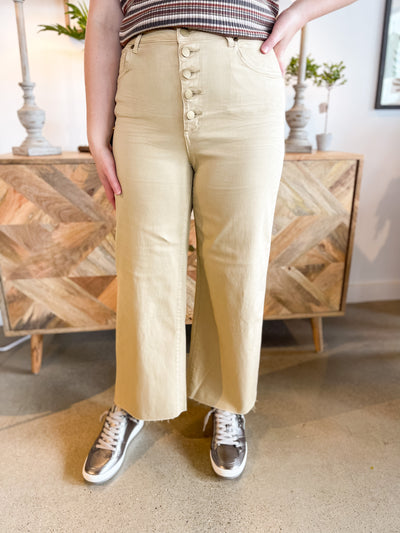 Khaki Button Front Wide Leg Pants