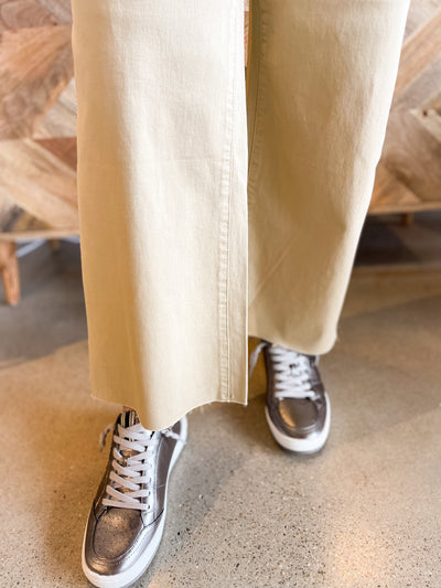 Khaki Button Front Wide Leg Pants