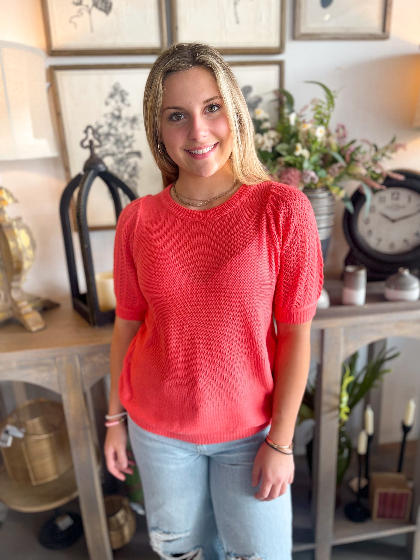Camy Coral Short Sleeve Sweater