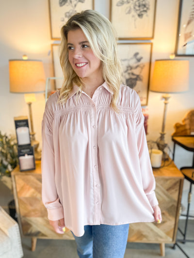 Blush Ruched Silk Blouse
