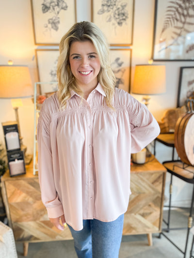 Blush Ruched Silk Blouse