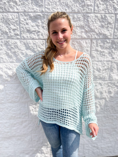 Blue Ashley Crocheted Pullover