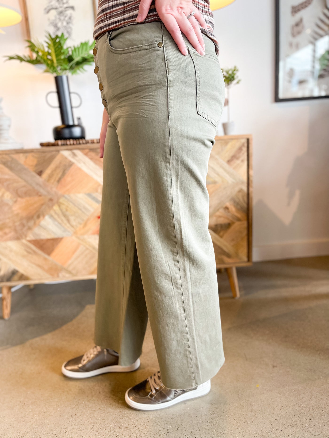 Faded Olive Button Front Wide Leg Pants