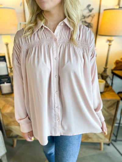Blush Ruched Silk Blouse
