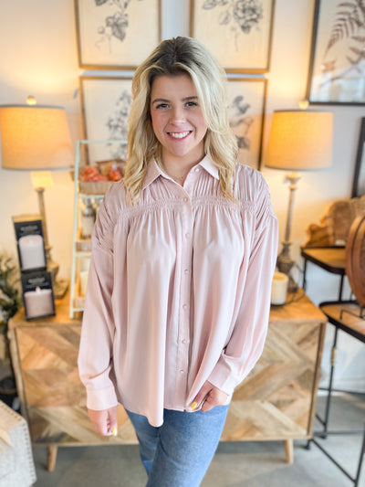 Blush Ruched Silk Blouse