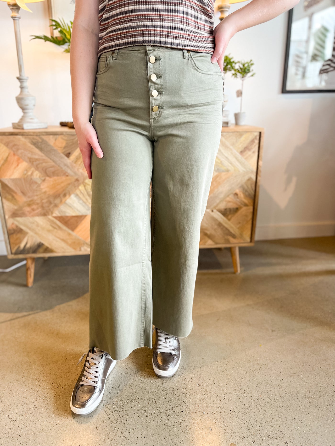Faded Olive Button Front Wide Leg Pants