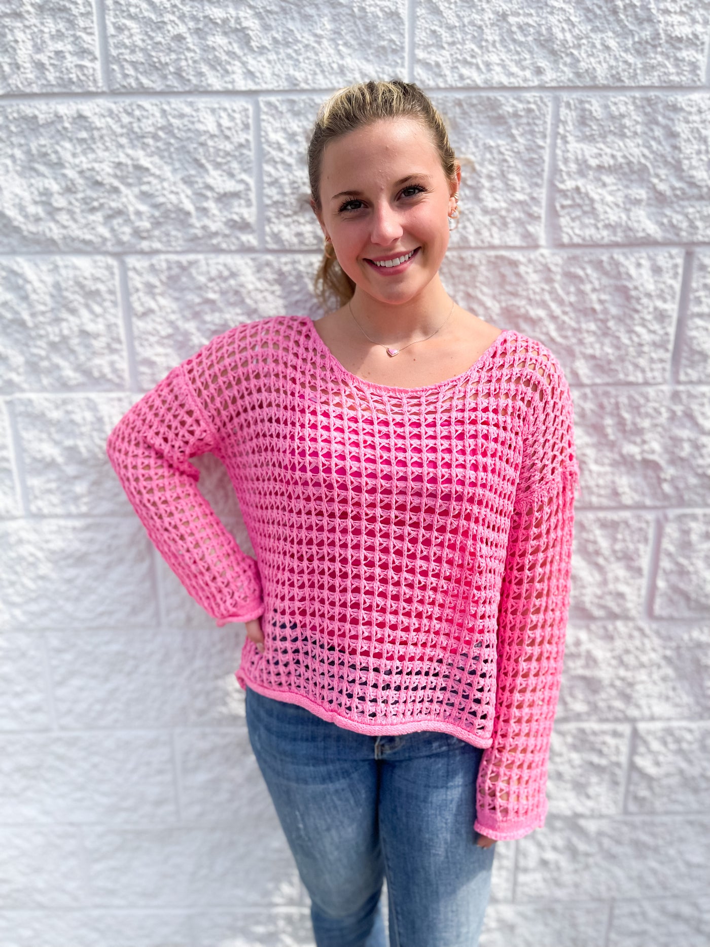Pink Ashley Crocheted Pullover