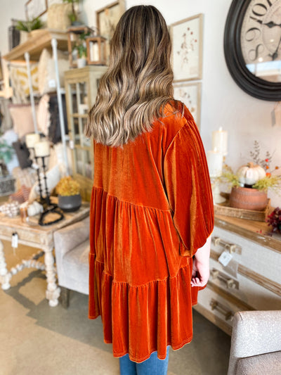 Burnt Orange 3/4 Sleeve Velvet Tunic Dress