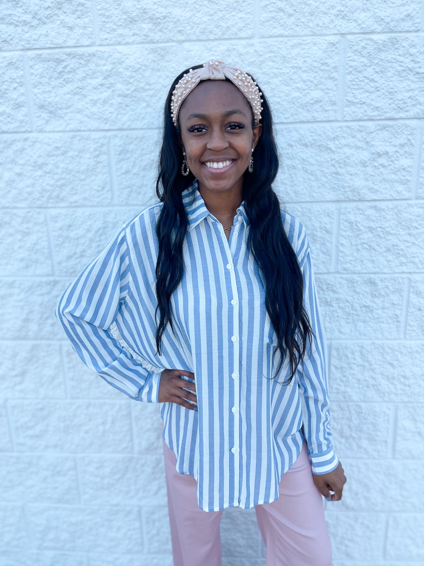 Blue Striped Button Up Top