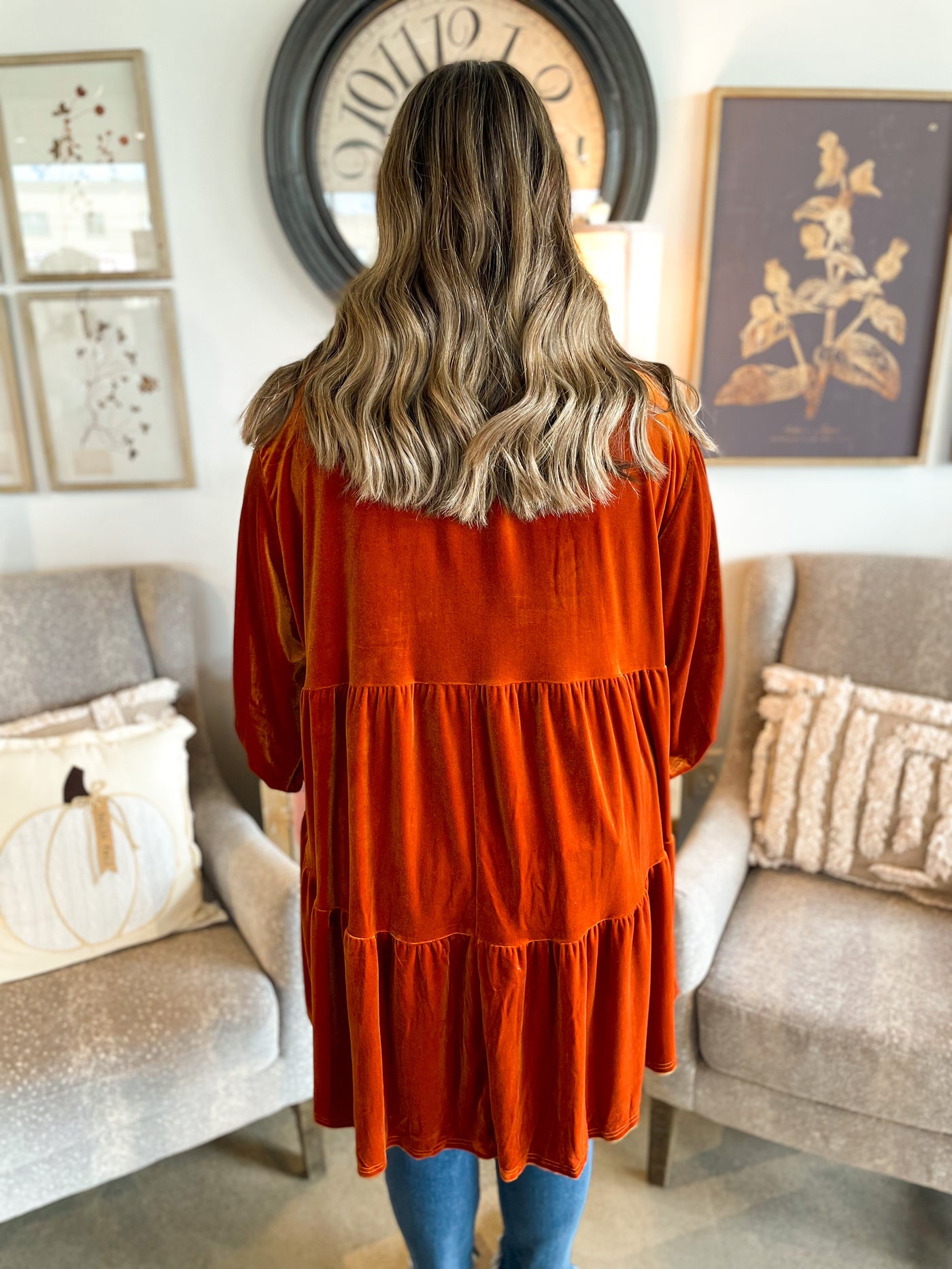 Burnt Orange 3/4 Sleeve Velvet Tunic Dress