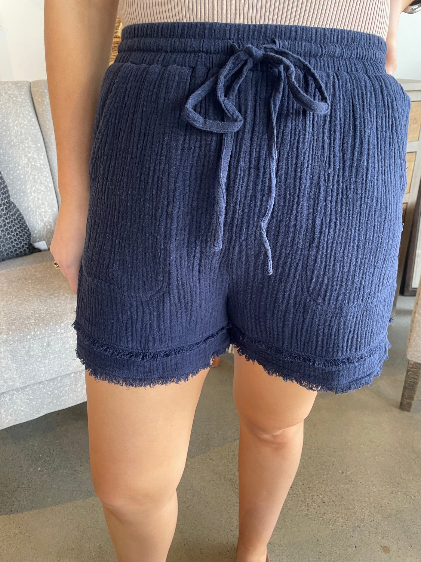 Navy Washed Cotton Gauze Shorts